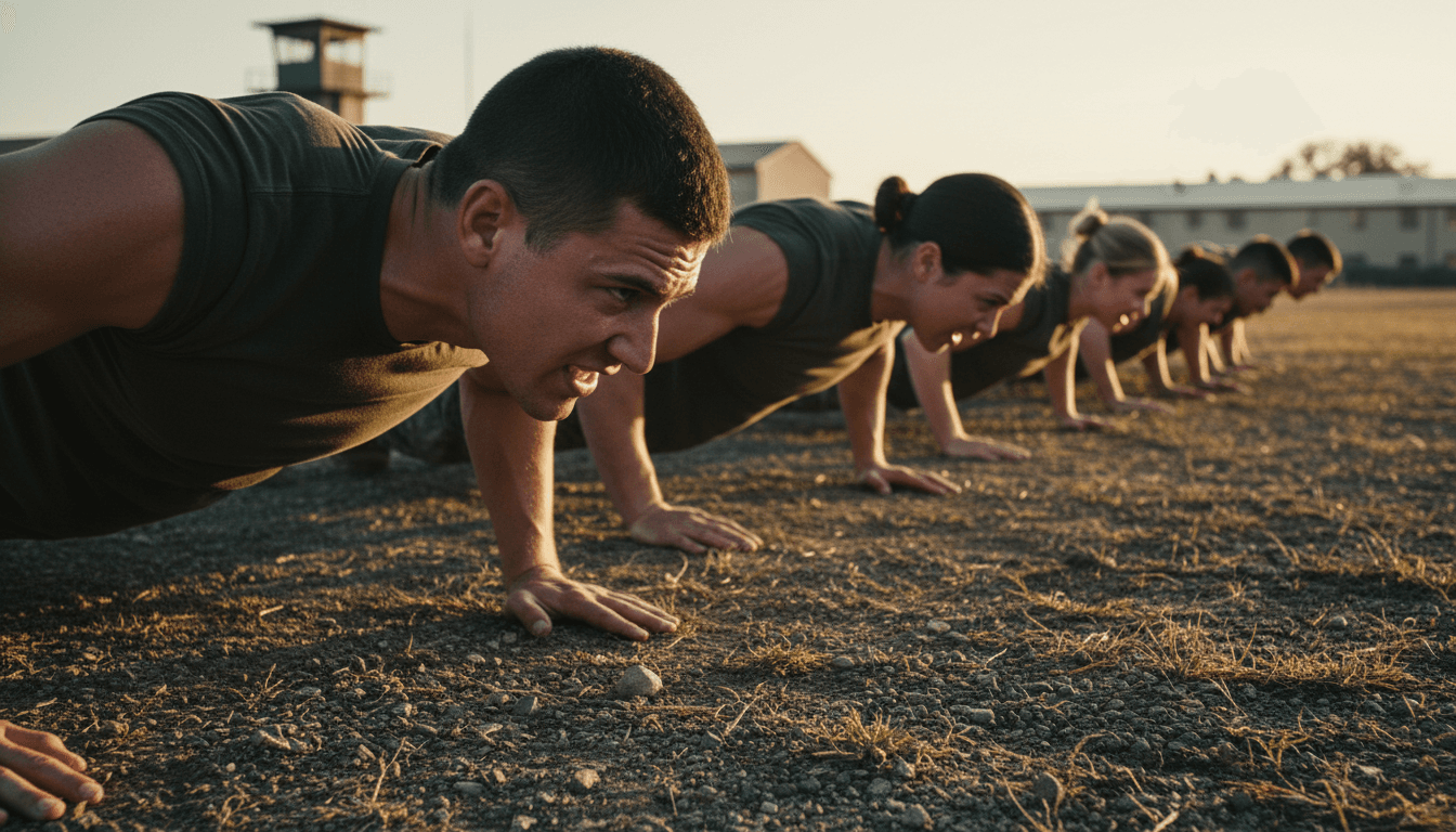 Diverse military trainees performing synchronized push-ups on outdoor training ground during morning session with natural sunlight