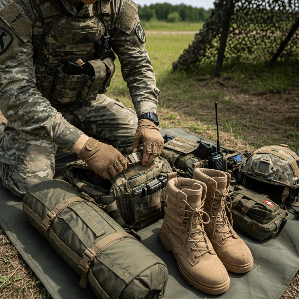 Cadet's hands preparing and organizing tactical gear including boots, vest, and equipment during field training preparation